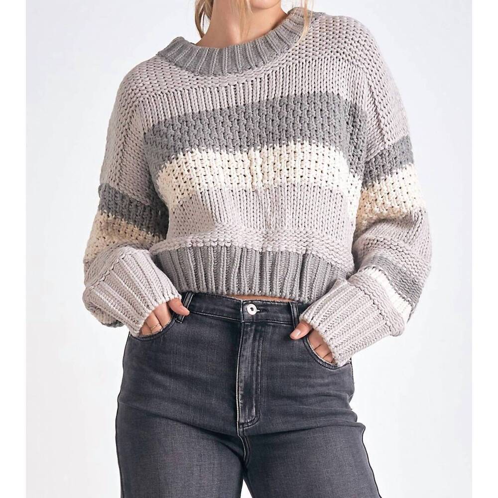 NEW ELAN cropped stripe sweater in gray